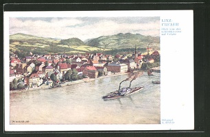 Kuenstler-AK-Linz-Urfahr-Blick-von-der-Schlosskaserne