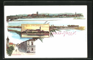 Kuenstler-Lithographie-Tulln-Kaiser-Franz-Josef-Kaserne-Wiener-Strasse-mit-Passanten-Panorama-mit-Bruecke