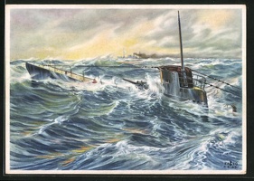 Kuenstler-AK-Auftauchendes-U-Boot-hat-einen-feindlichen-Handelsdampfer-gesichtet