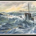 Kuenstler-AK-Auftauchendes-U-Boot-hat-einen-feindlichen-Handelsdampfer-gesichtet
