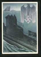 Kuenstler-AK-U-Boot-nach-Versenkung-eines-feindlichen-Schiffes-Reichsadler-und-Hakenkreuz