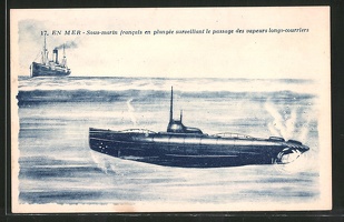 AK-En-Mer-Sous-marin-francais-en-plongee-surveillant-le-passage-des-vapeurs-longs-courriers-Franzoesisches-U-Boot