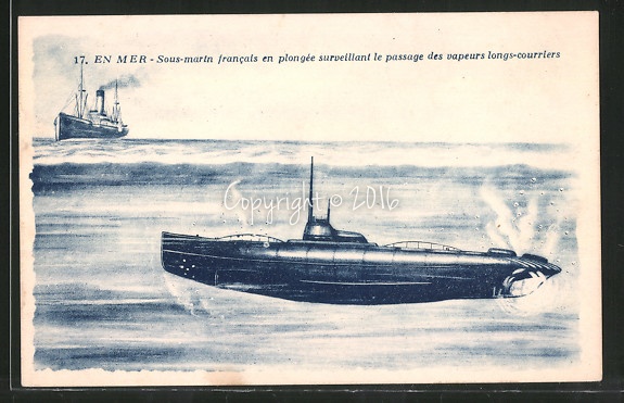 AK-En-Mer-Sous-marin-francais-en-plongee-surveillant-le-passage-des-vapeurs-longs-courriers-Franzoesisches-U-Boot.jpg